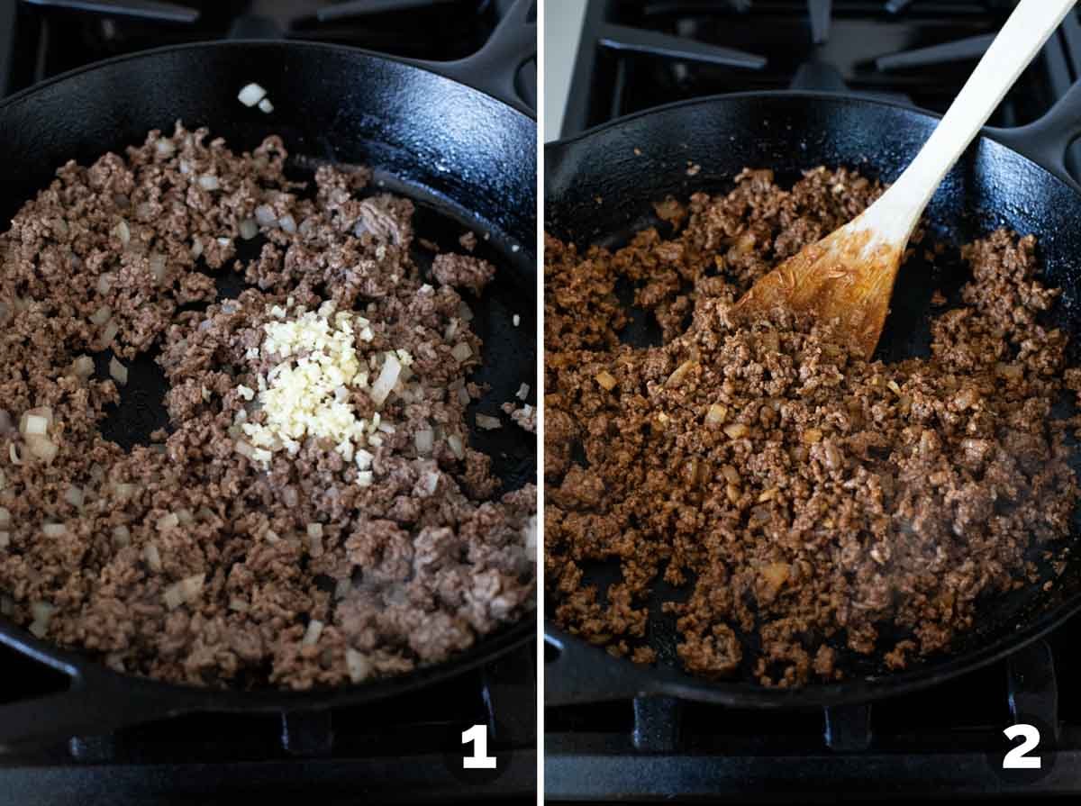 Cooking ground beef for Sheet Pan Nachos.