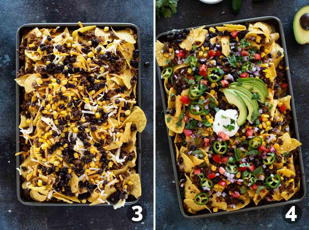 Layering ingredients for Sheet Pan Nachos, and adding toppings to nachos.