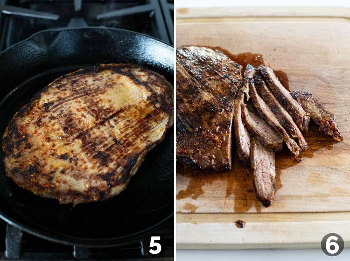 Cooking flank steak in a cast iron skillet, then slicing for tacos.