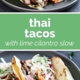Thai Tacos collage with text bar in the middle.