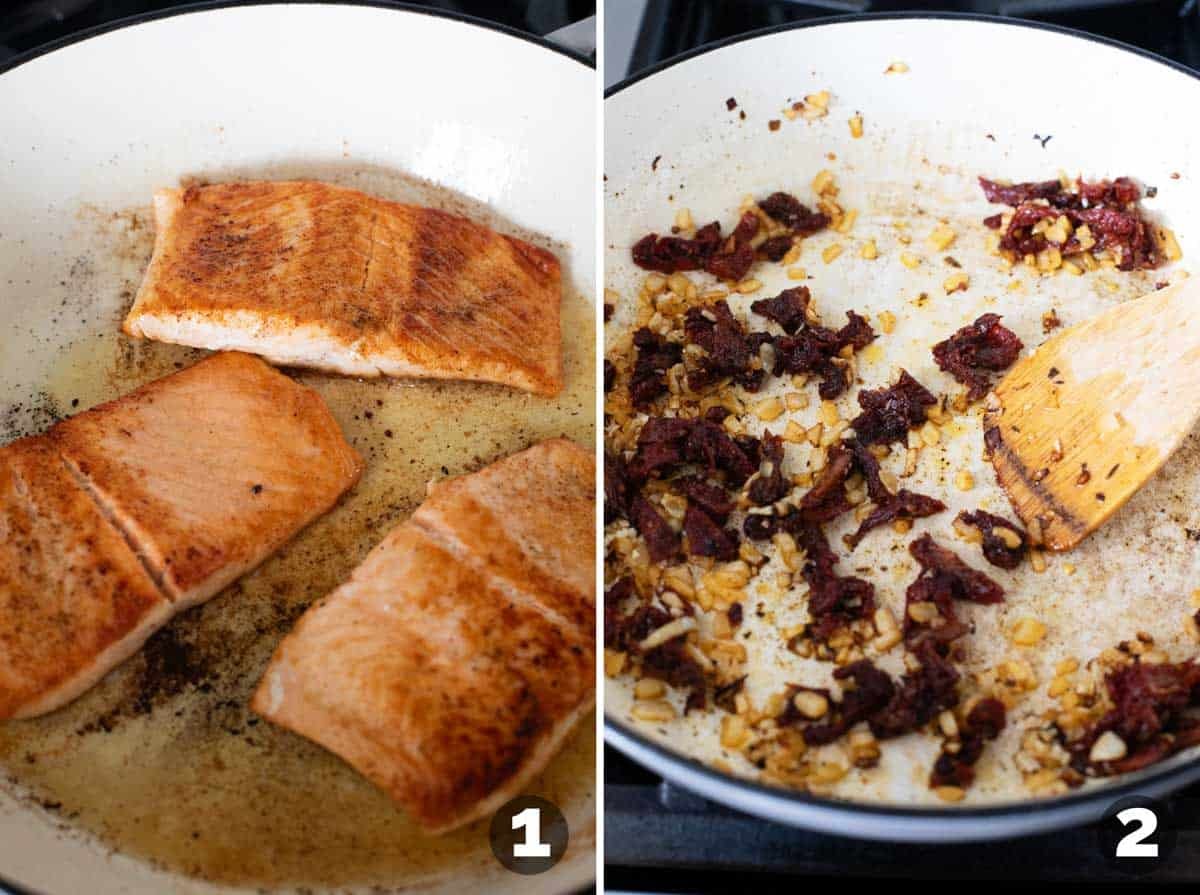 Cooking salmon in a skillet and sautéing onions and sun-dried tomatoes.
