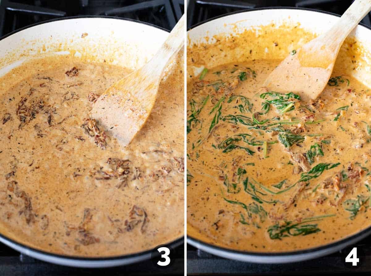 Making cream sauce for Tuscan Salmon.
