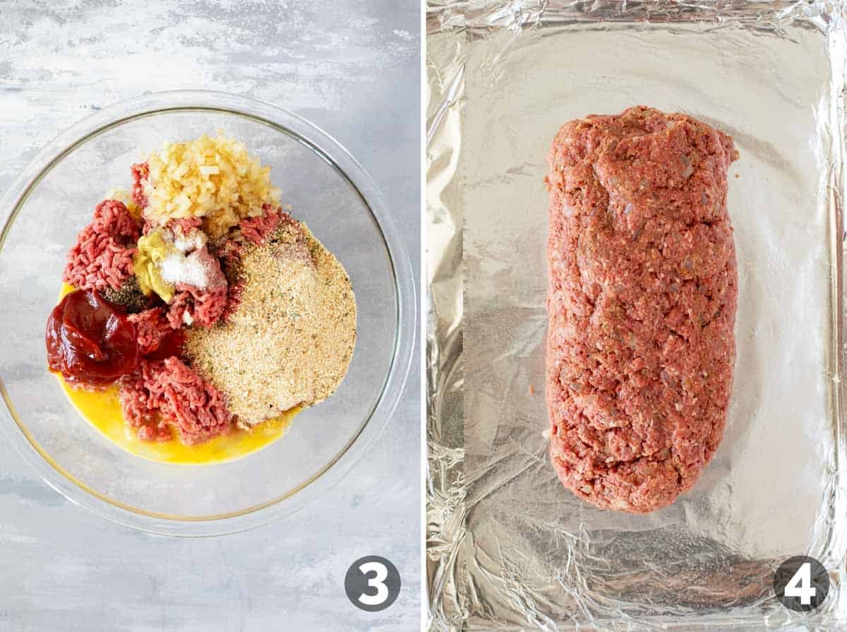 Mixing ingredients for meatloaf and forming into a loaf.