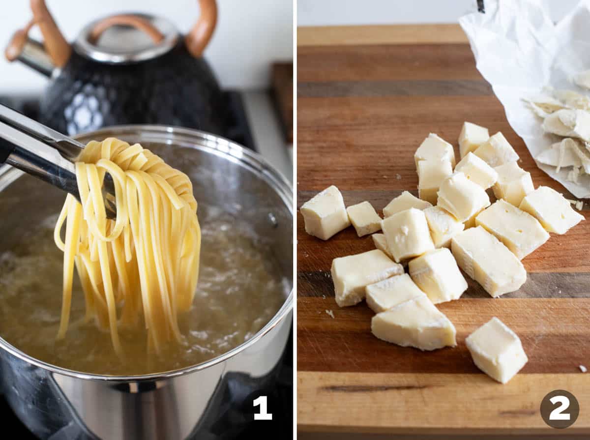 Cooking fettuccine pasta and cutting brie into chunks.