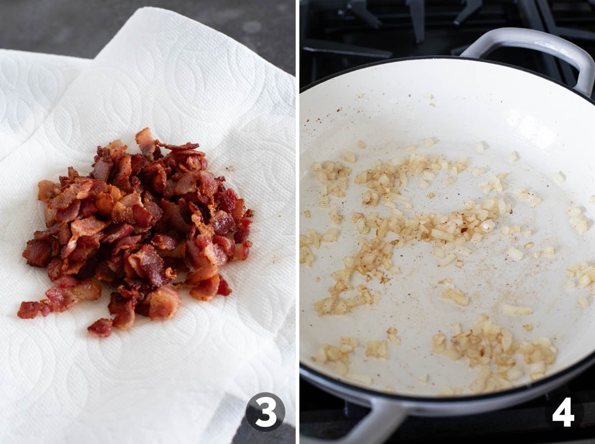 Pieces of cooked bacon, and cooking onions in a skillet.