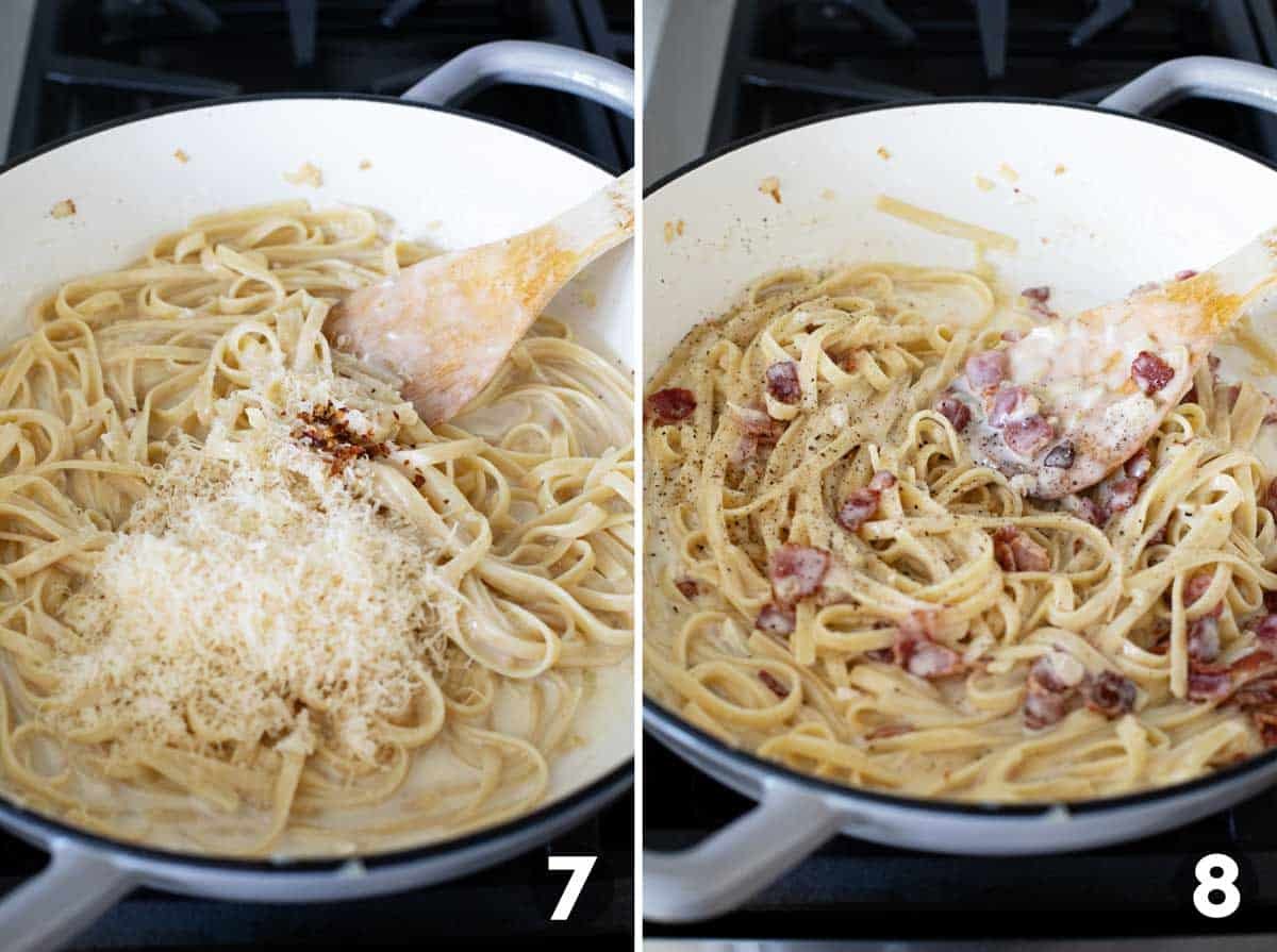 Adding parmesan and bacon to brie pasta.