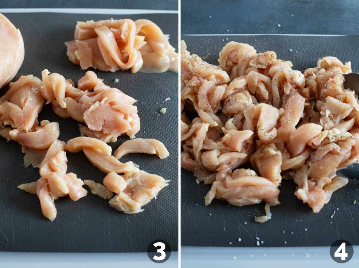 Cutting and seasoning chicken for Chicken Cheesesteak Sandwiches.