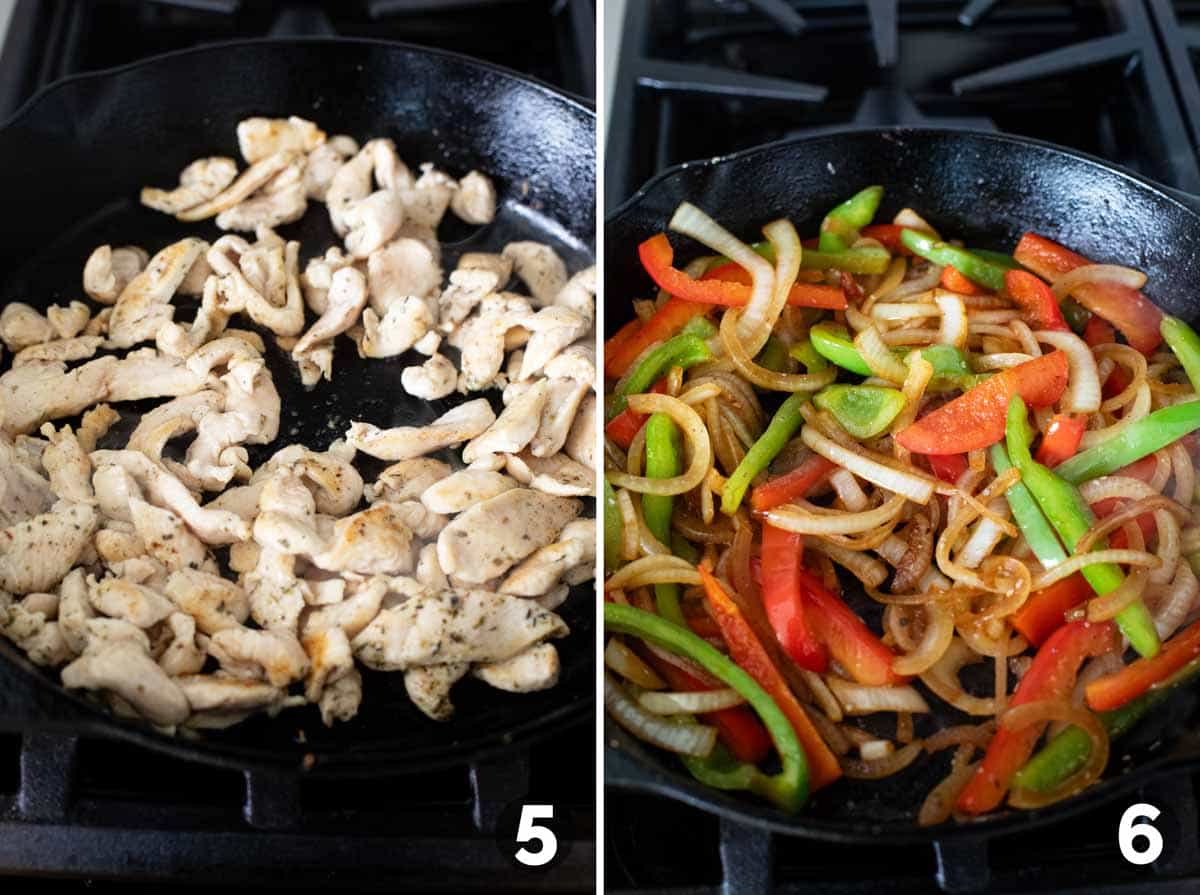 Cooking chicken and cooking vegetables for Chicken Cheesesteak Sandwiches.