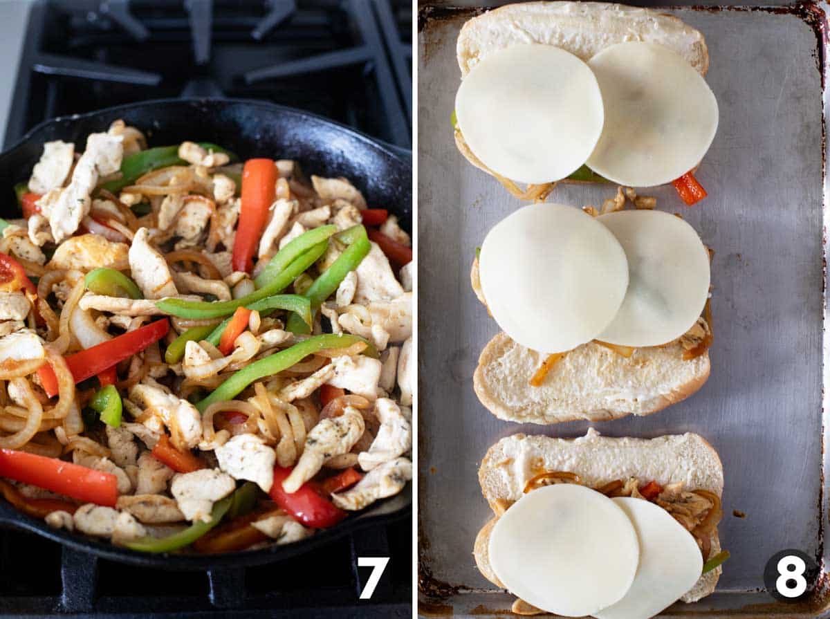 Combining filling for Chicken Cheesesteak Sandwiches and assembling the sandwiches.