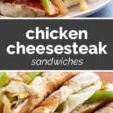 Chicken Cheesesteak Sandwiches collage with text bar in the middle.