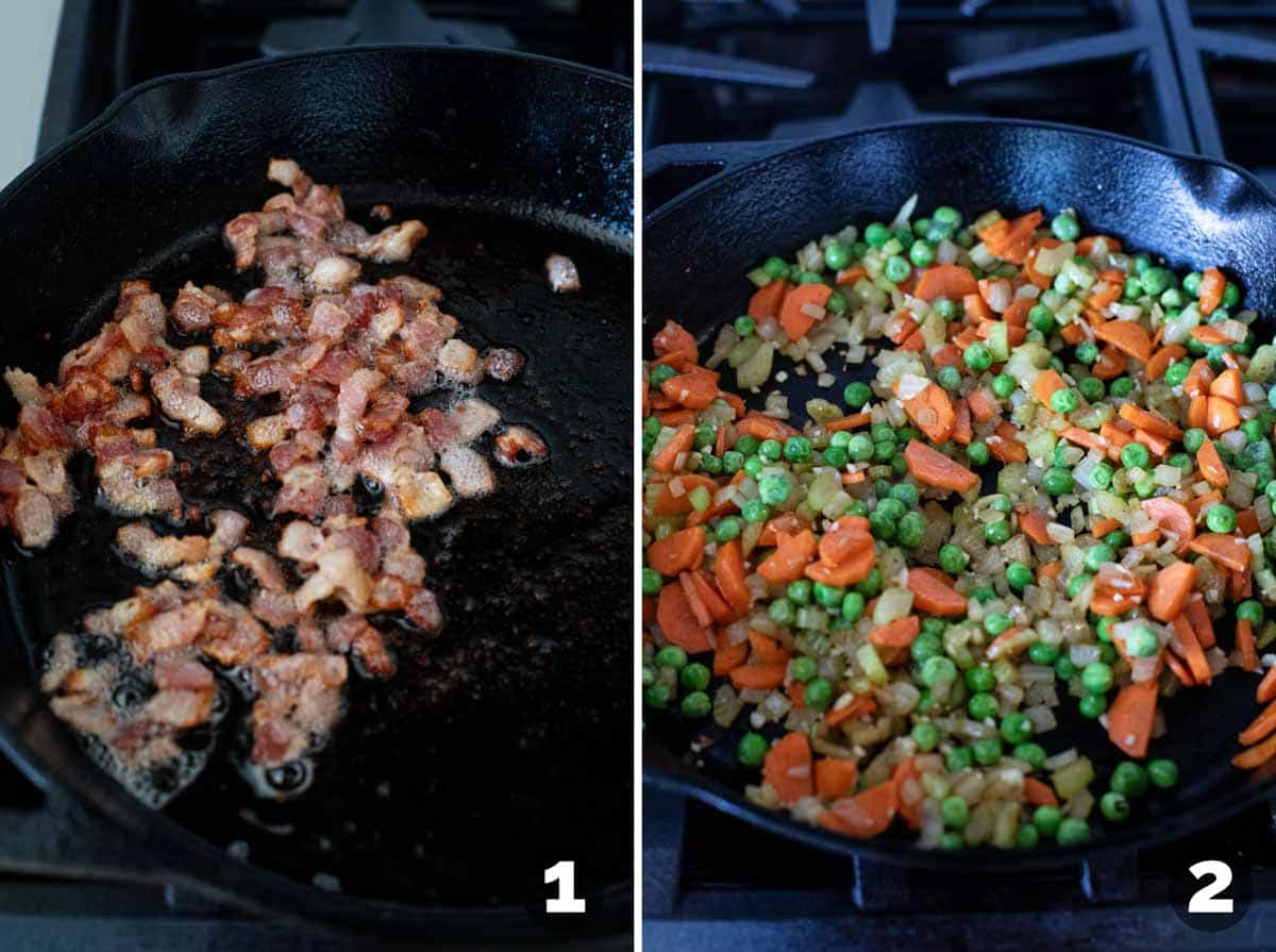 Cooking bacon in a skillet, then cooking vegetables in the same skillet.