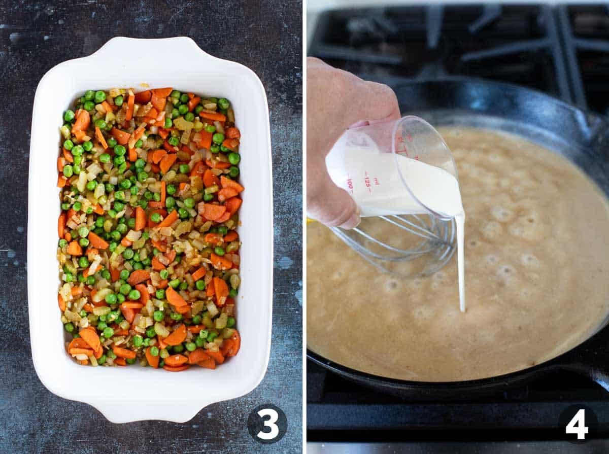 Adding cooked vegetables to a casserole dish and making gravy for chicken pot pie.