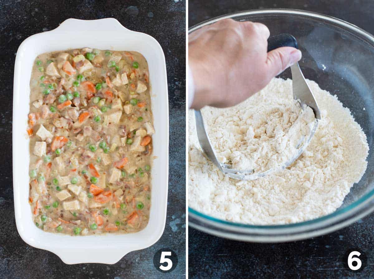 Adding chicken pot pie filling to casserole dish and cutting butter into flour mixture for biscuits.