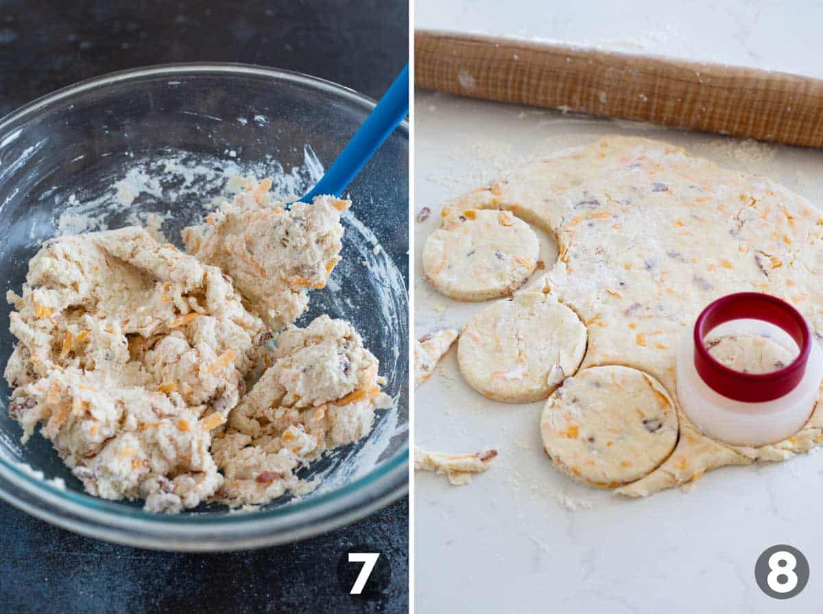 Making biscuit dough and cutting into biscuits.
