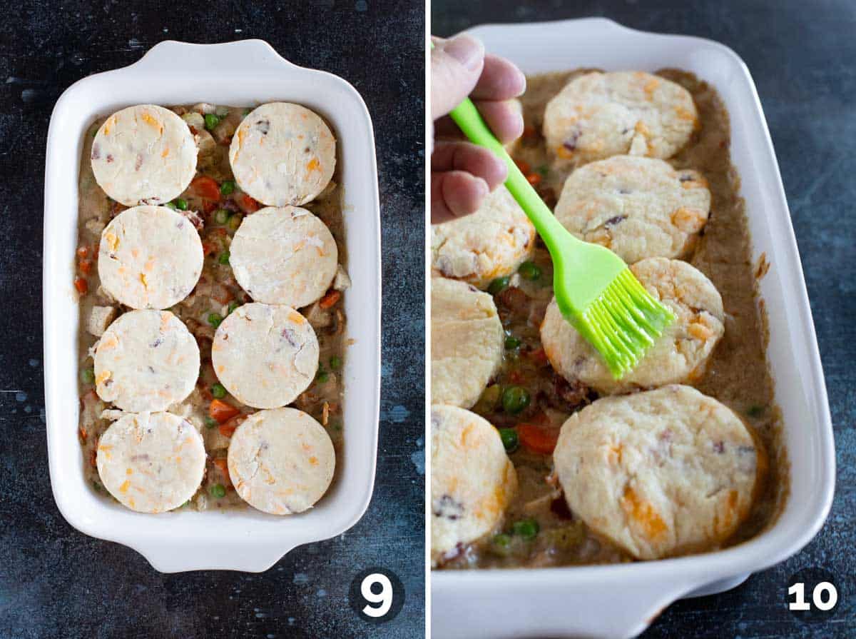 Topping filling with cheddar bacon biscuits and brushing butter on baked casserole.