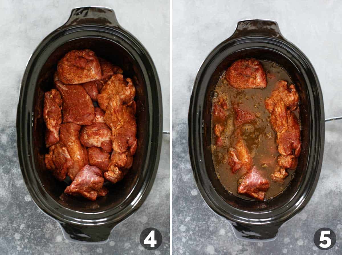 Placing pork in slow cooker and adding liquid.