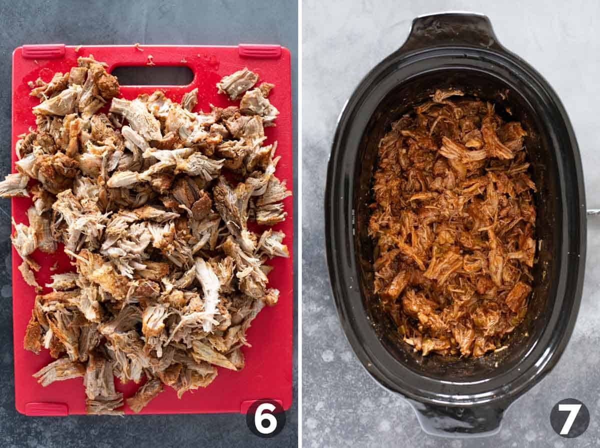 Shredding sweet pork and adding back to slow cooker with more sauce.