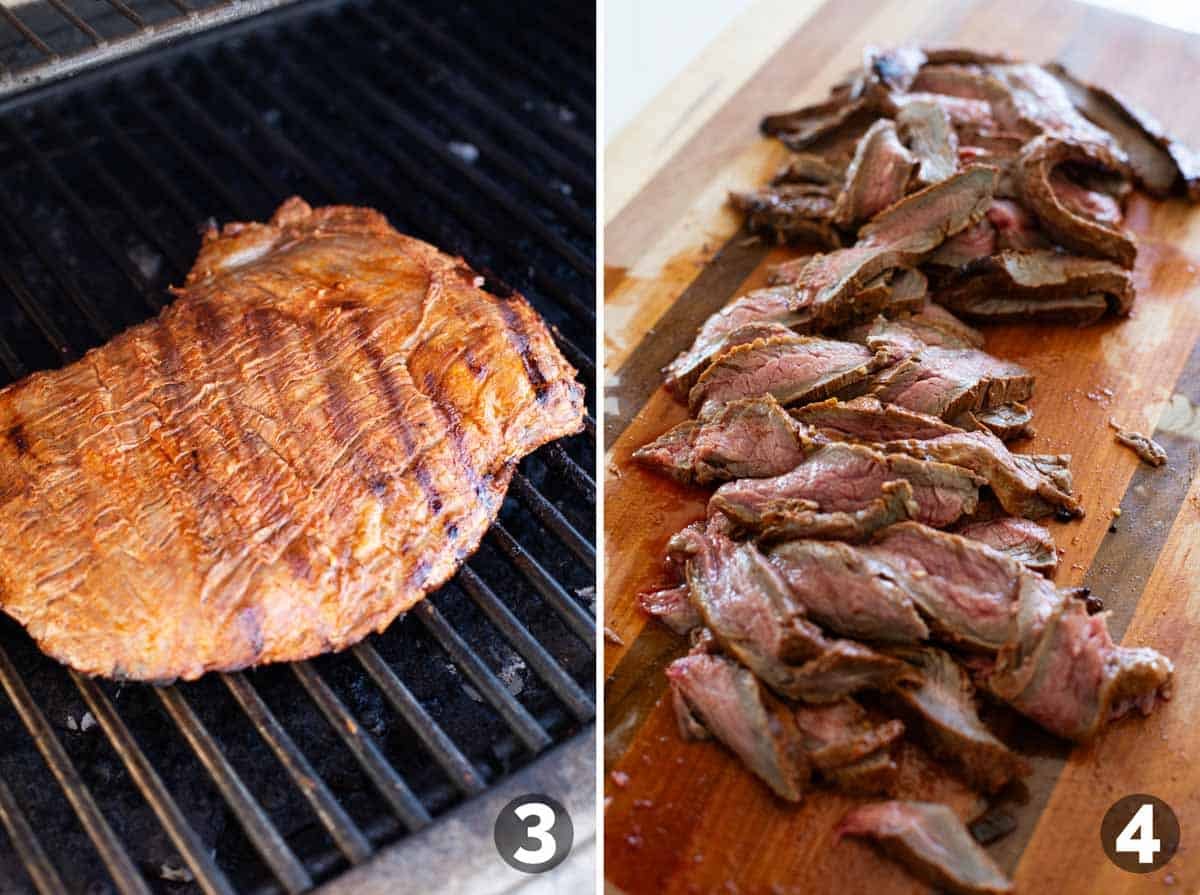 Grilling a flank steak and cutting into slices.