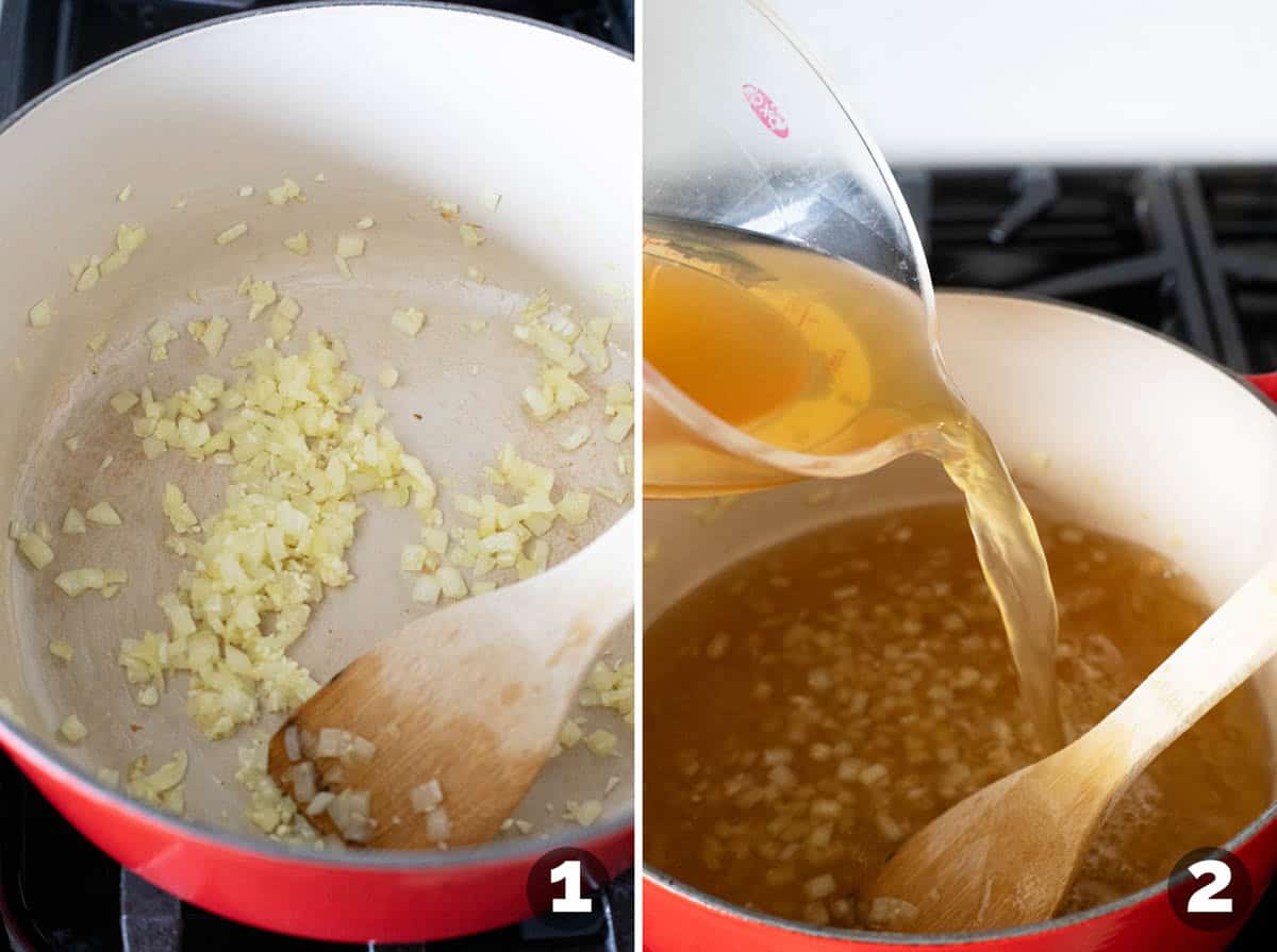 Cooking onions and garlic and adding chicken broth to a pot.