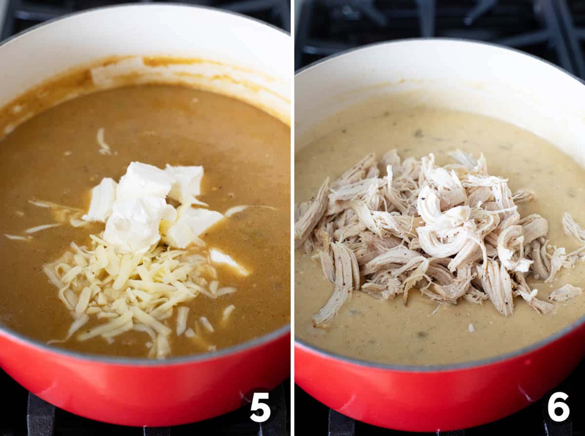 Adding cheese and chicken to green chicken enchilada soup.