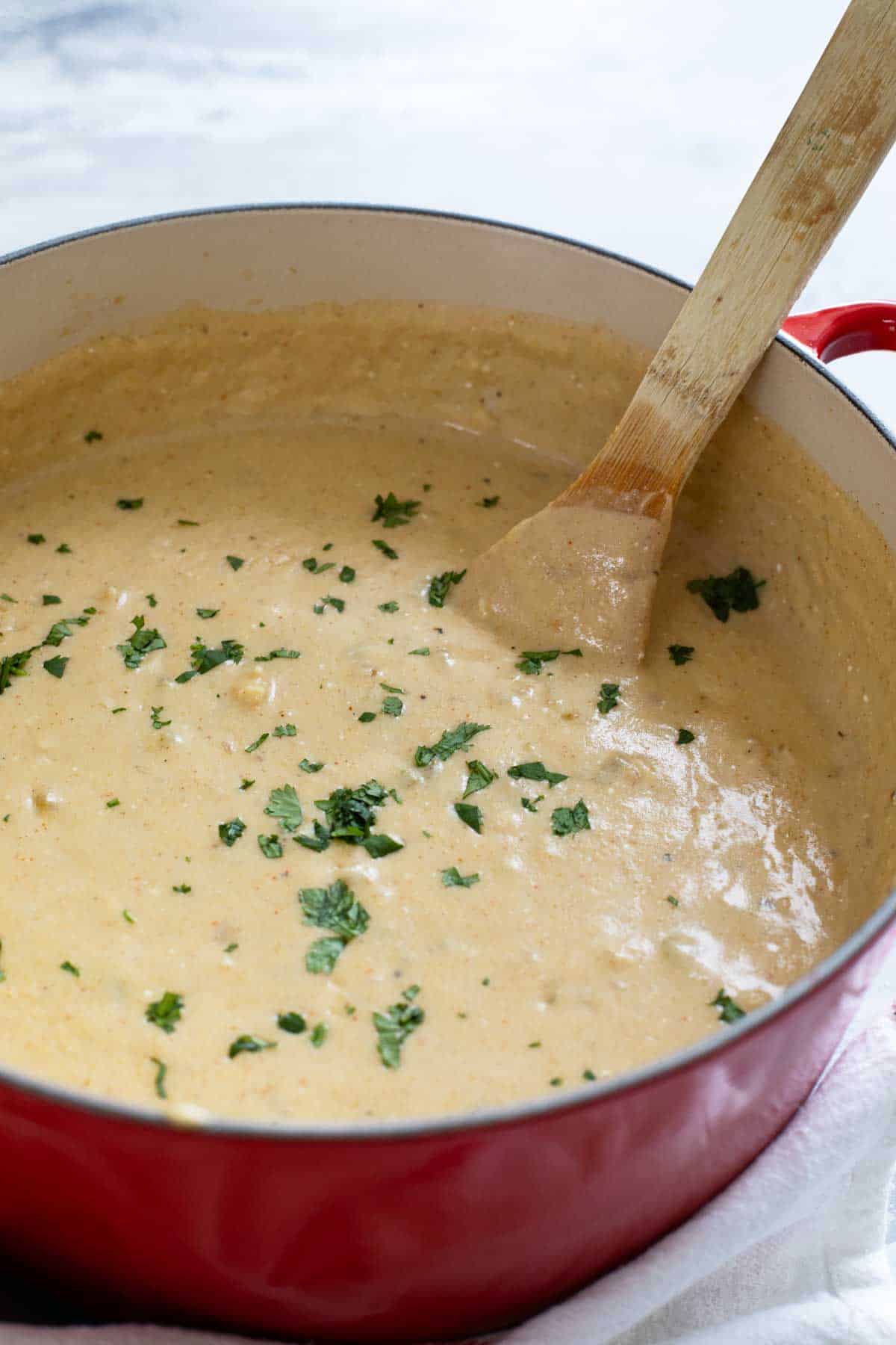 Pot of Green Chicken Enchilada Soup.