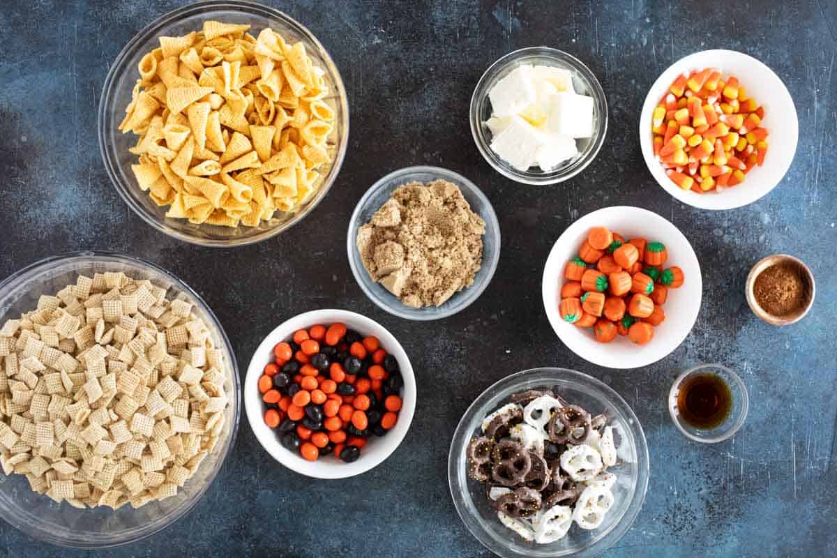 Ingredients for Halloween Chex Mix.