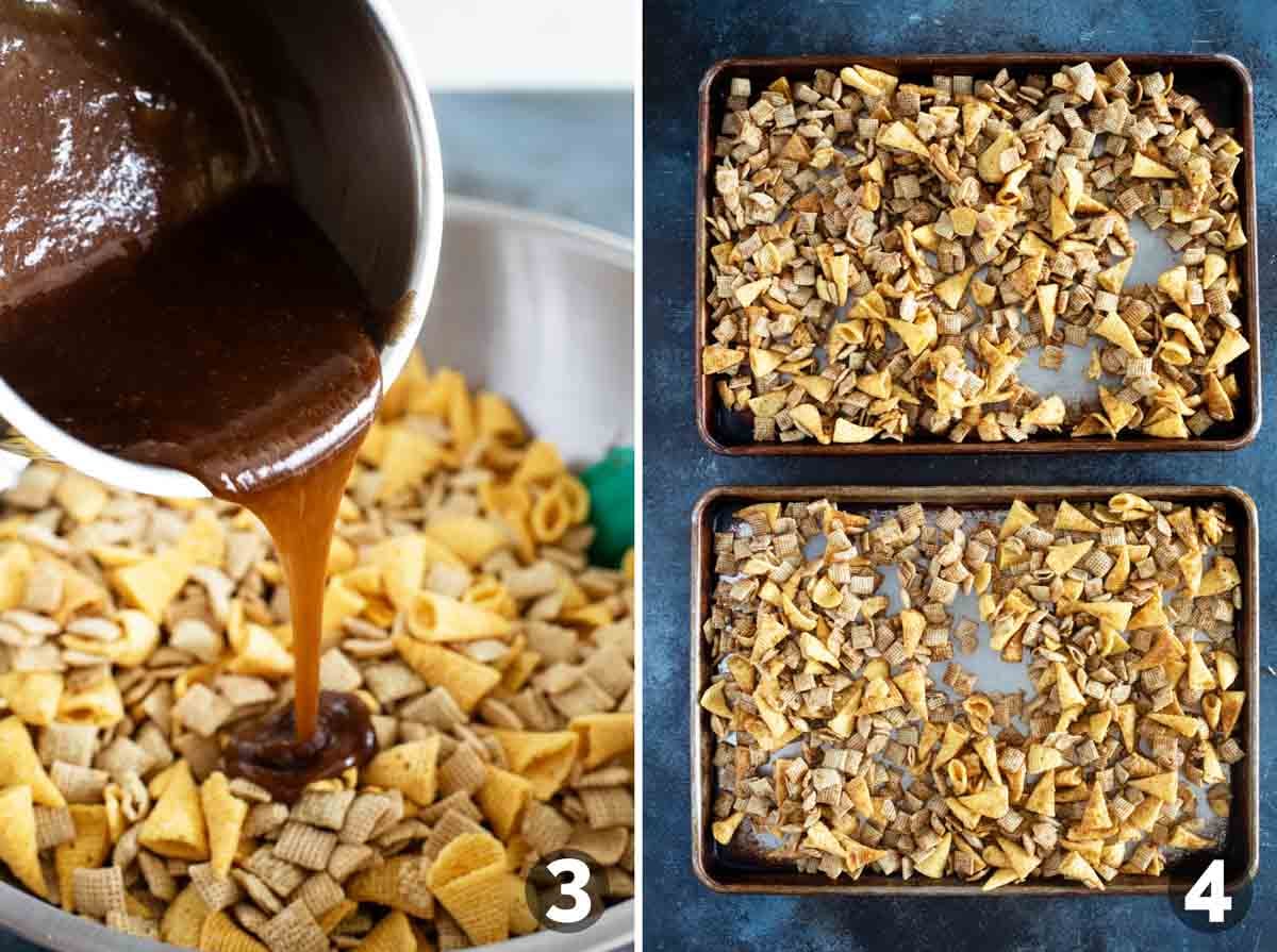 Pouring syrup mixture over Chex and bugles, then spreading on baking sheets.