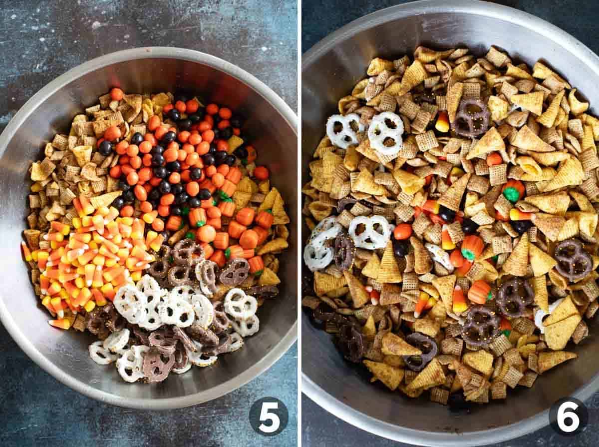 Mixing together ingredients for Halloween Chex Mix.