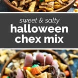 Halloween Chex Mix collage with text bar in the middle.