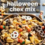 Halloween Chex Mix with text overlay.