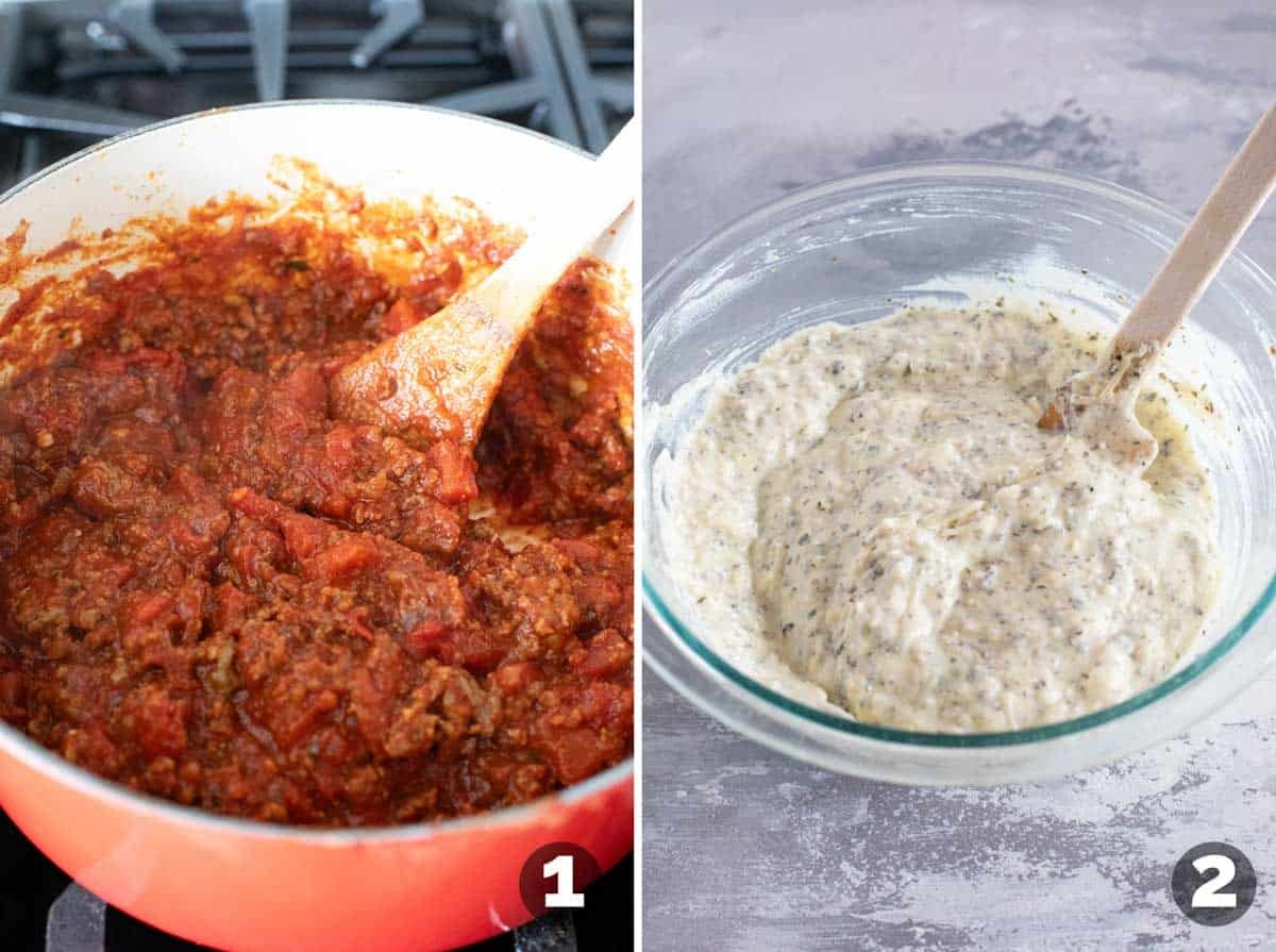 Making sauce and cheese mixture for lasagna.