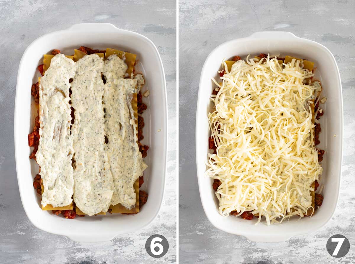 Layering ingredients for lasagna.