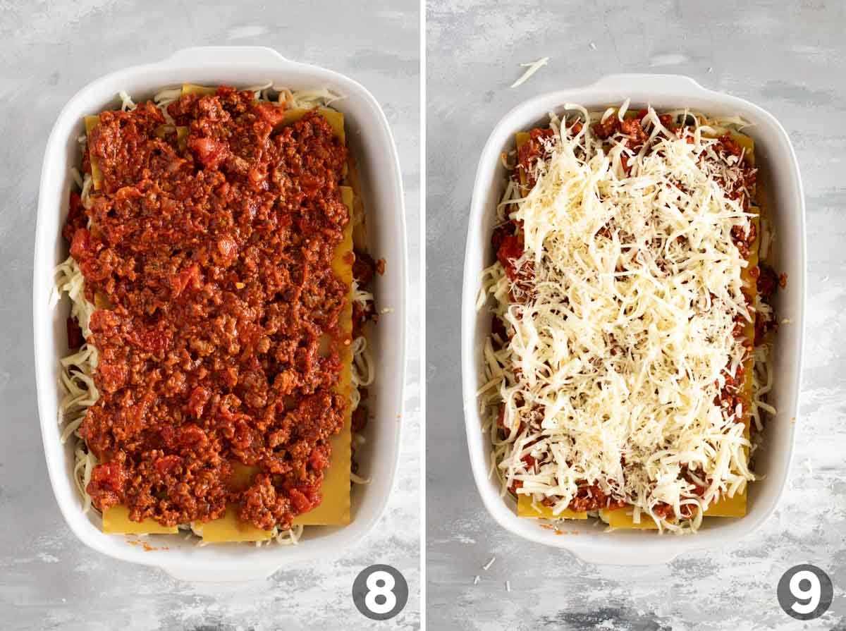 Adding sauce and cheese to the top of lasagna.