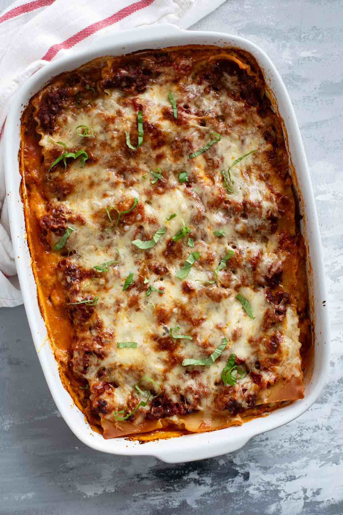 Casserole dish filled with lasagna.