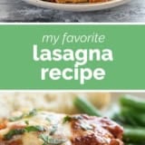 Lasagna Recipe collage with text bar in the middle.