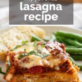 Lasagna recipe with text overlay.
