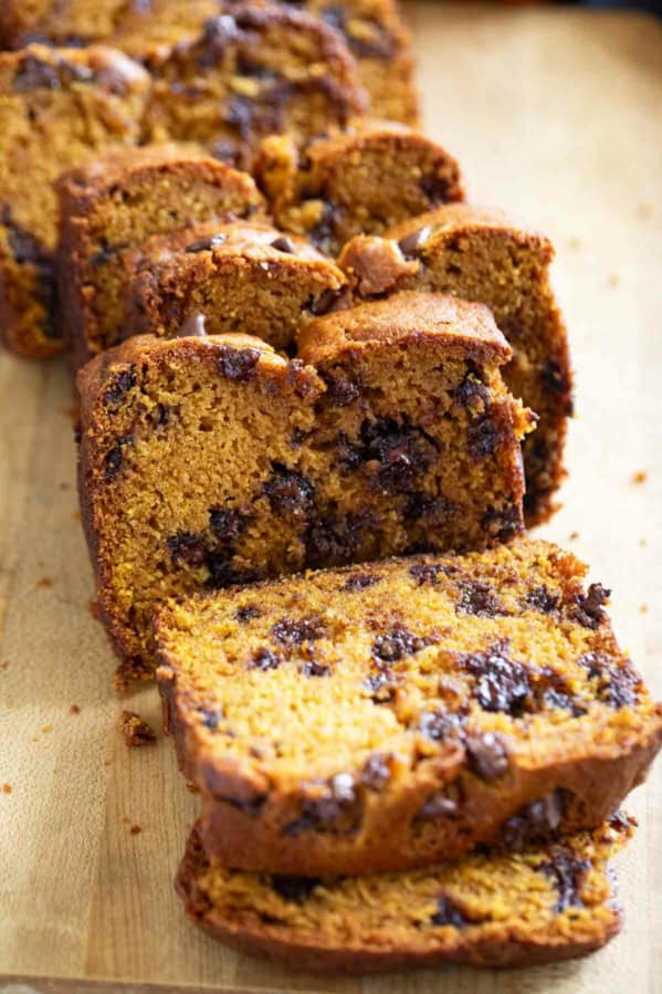 Slices of Pumpkin Chocolate Chip Bread.