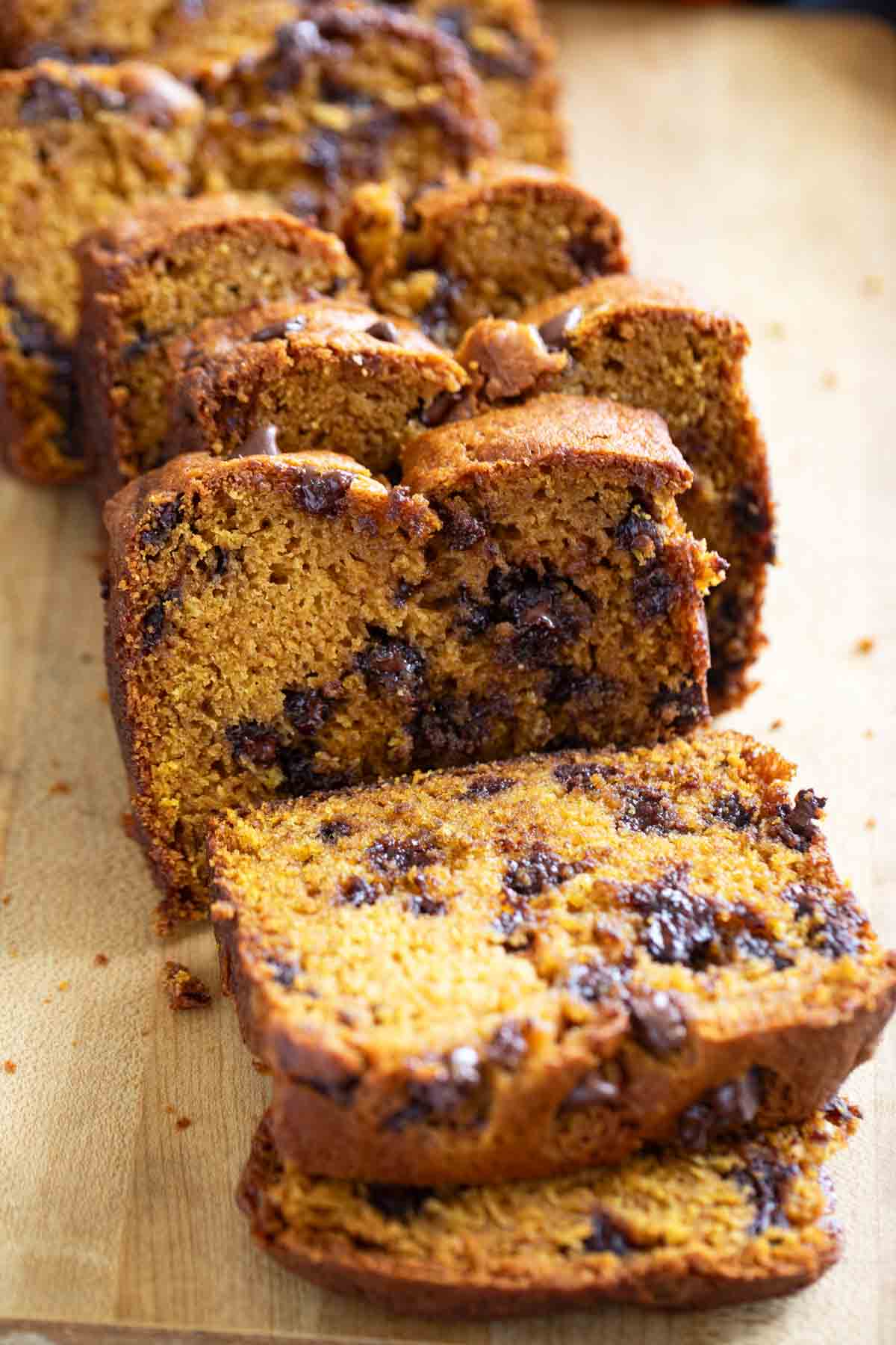 Slices of Pumpkin Chocolate Chip Bread.