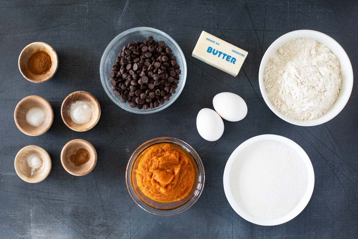 Ingredients for Pumpkin Chocolate Chip Bread.