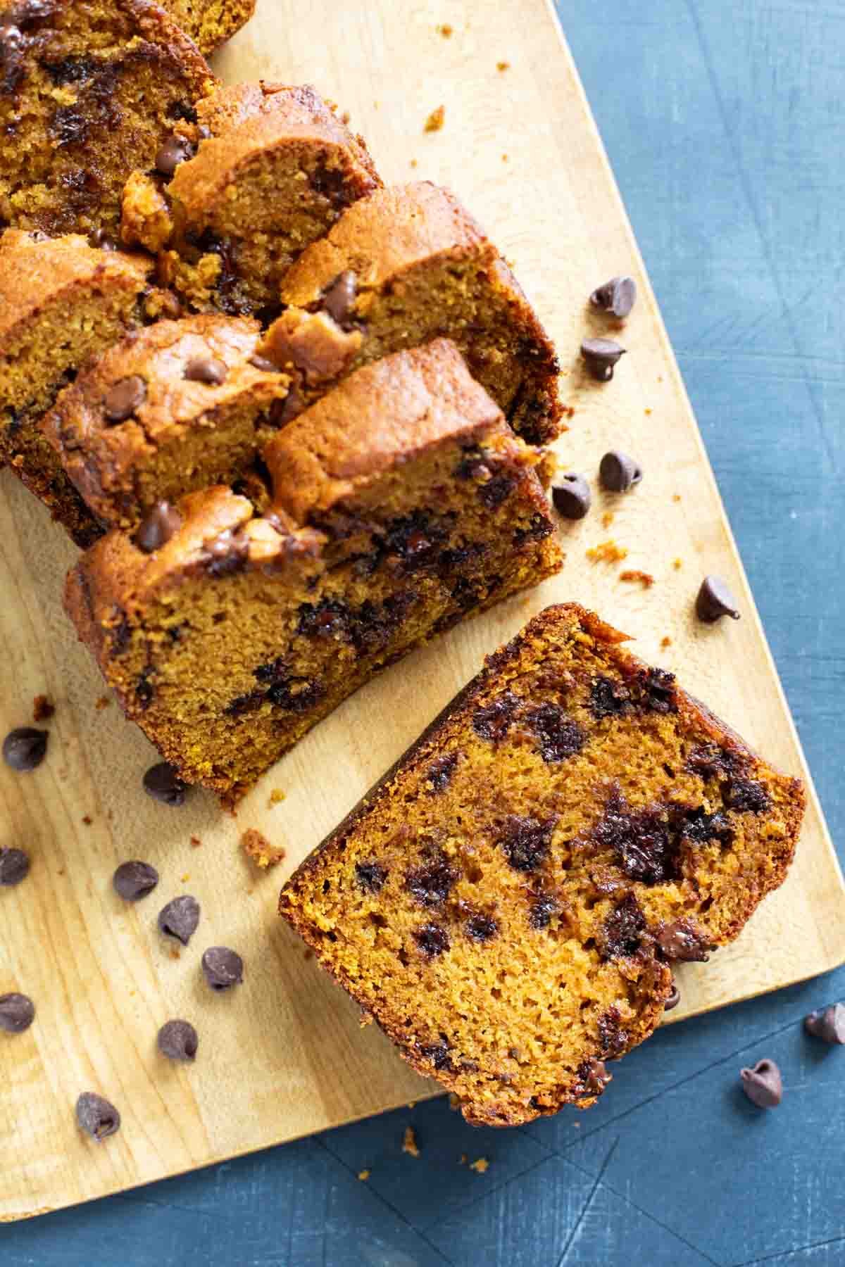 Loaf of Pumpkin Chocolate Chip Bread cut into slices.