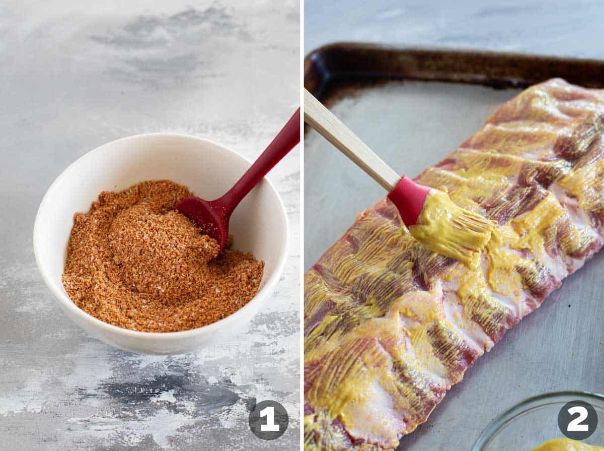 Mixing spices and brown sugar together for a spice rub, and brushing mustard on ribs.
