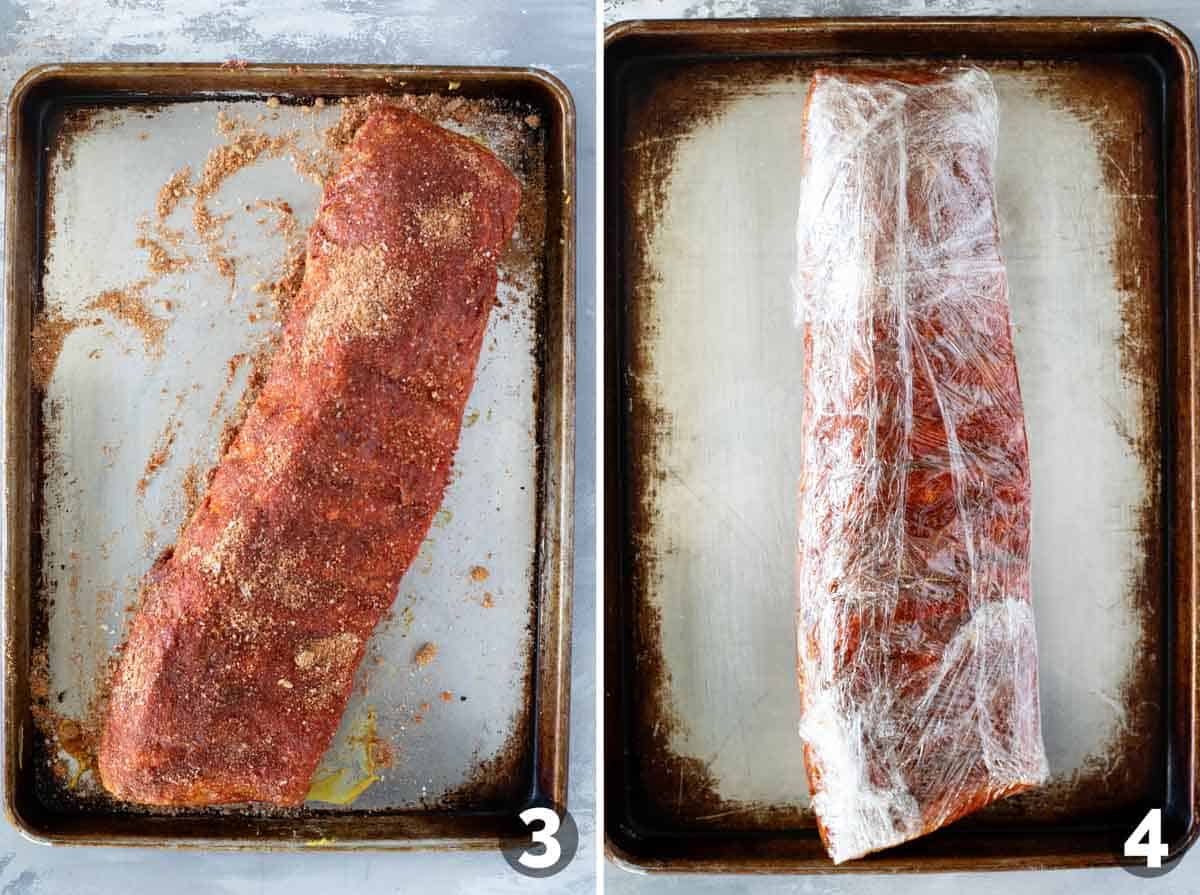 Adding spice rub to ribs, and wrapping in plastic wrap.