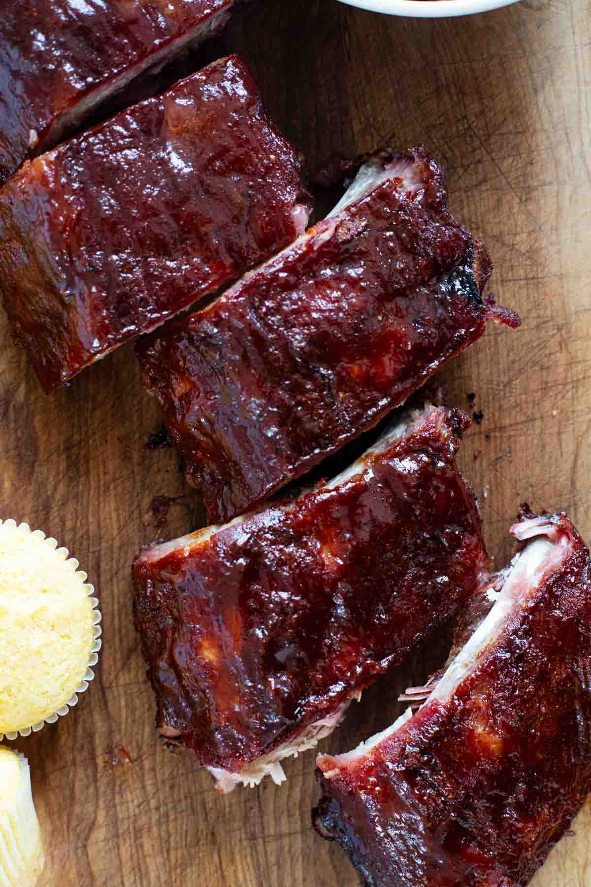 Smoked Ribs on a cutting board.