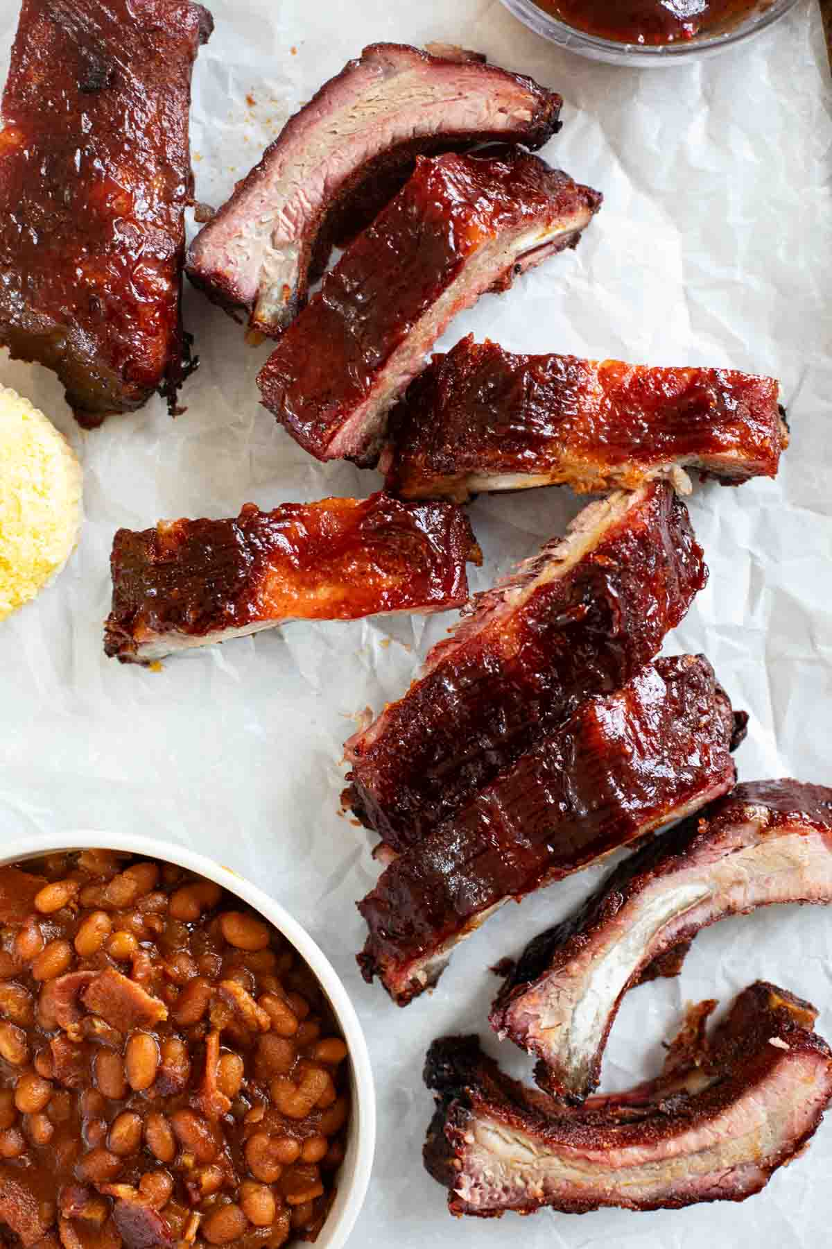 Smoked Ribs with bbq sauce cut into individual ribs.