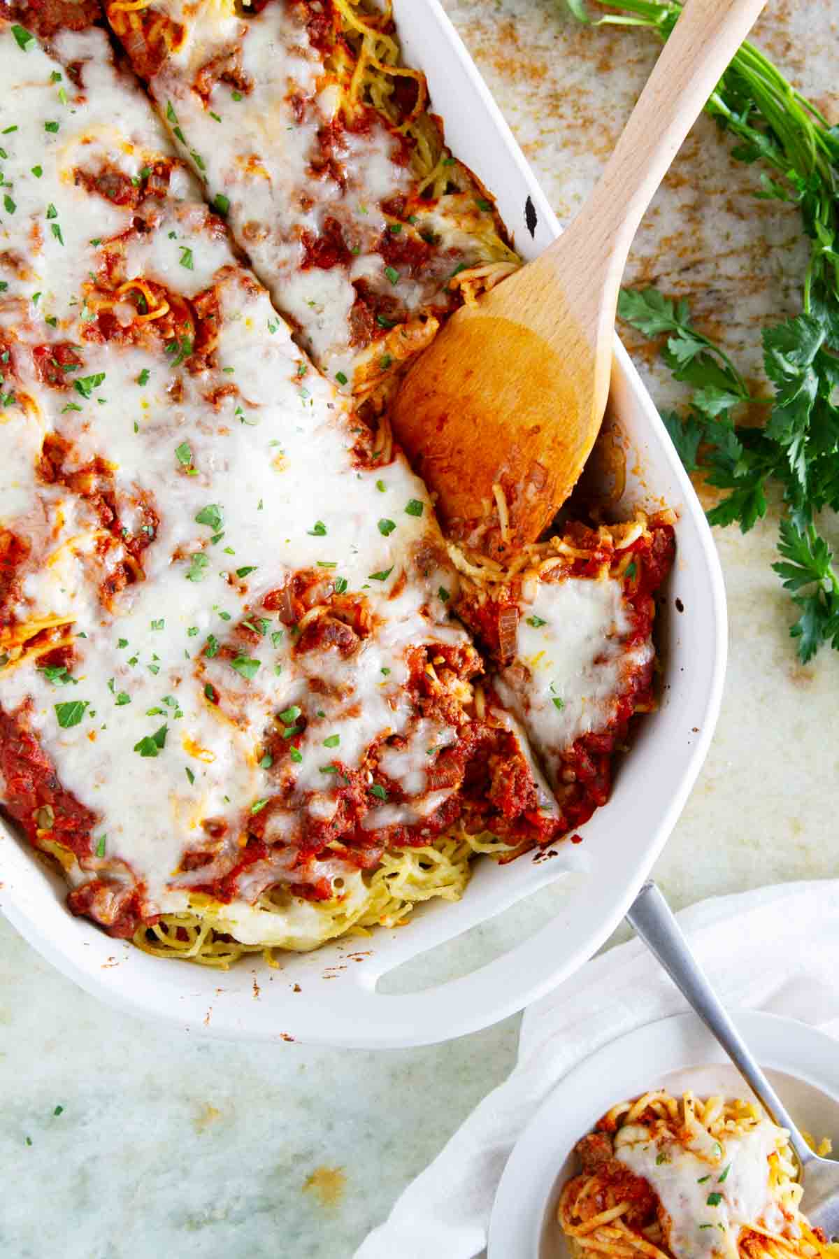 Spaghetti Lasagna in a casserole dish.