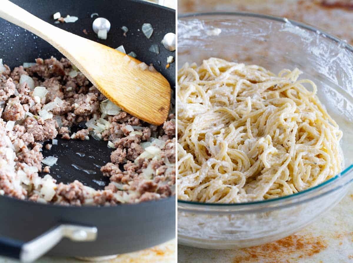 Prepping ingredients for Spaghetti Lasagna.