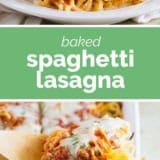 Spaghetti Lasagna collage with text bar in the middle.