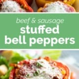 Stuffed Bell Peppers collage with text bar in the middle.