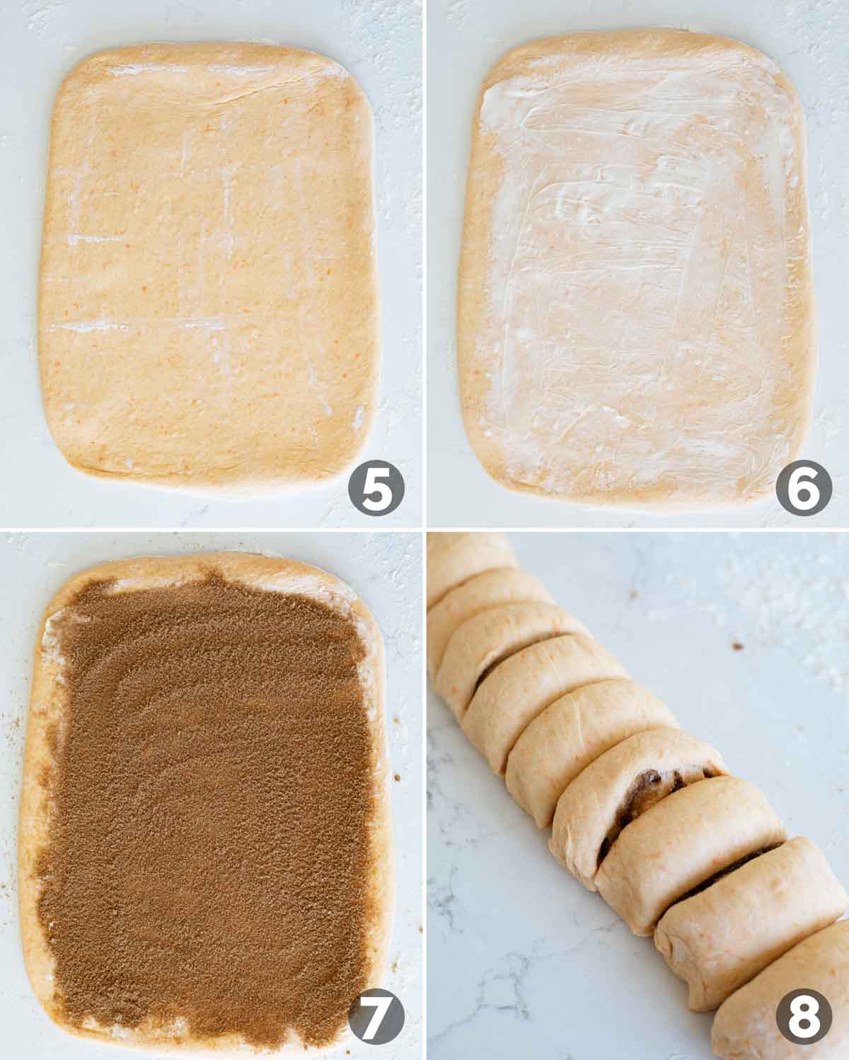 Rolling and shaping dough for Sweet Potato Cinnamon Rolls.