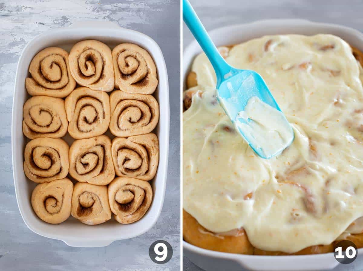 Risen sweet potato cinnamon roll dough in a casserole dish, and frosting baked rolls.